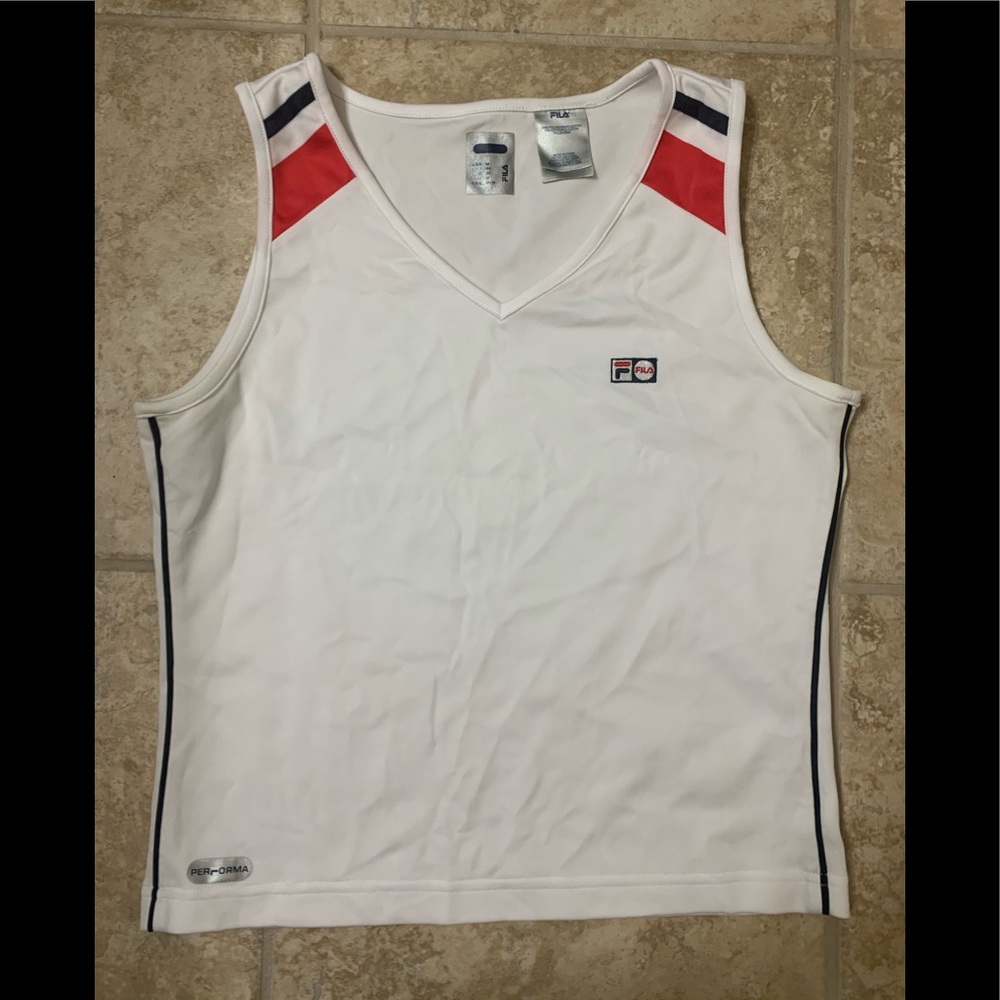 Fila white red blue crop top exercise tank M